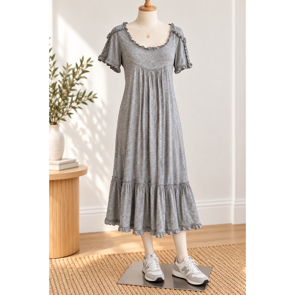 Juicy Couture Women Grey Ruffle Empire Waist Modal Midi Dress Size M